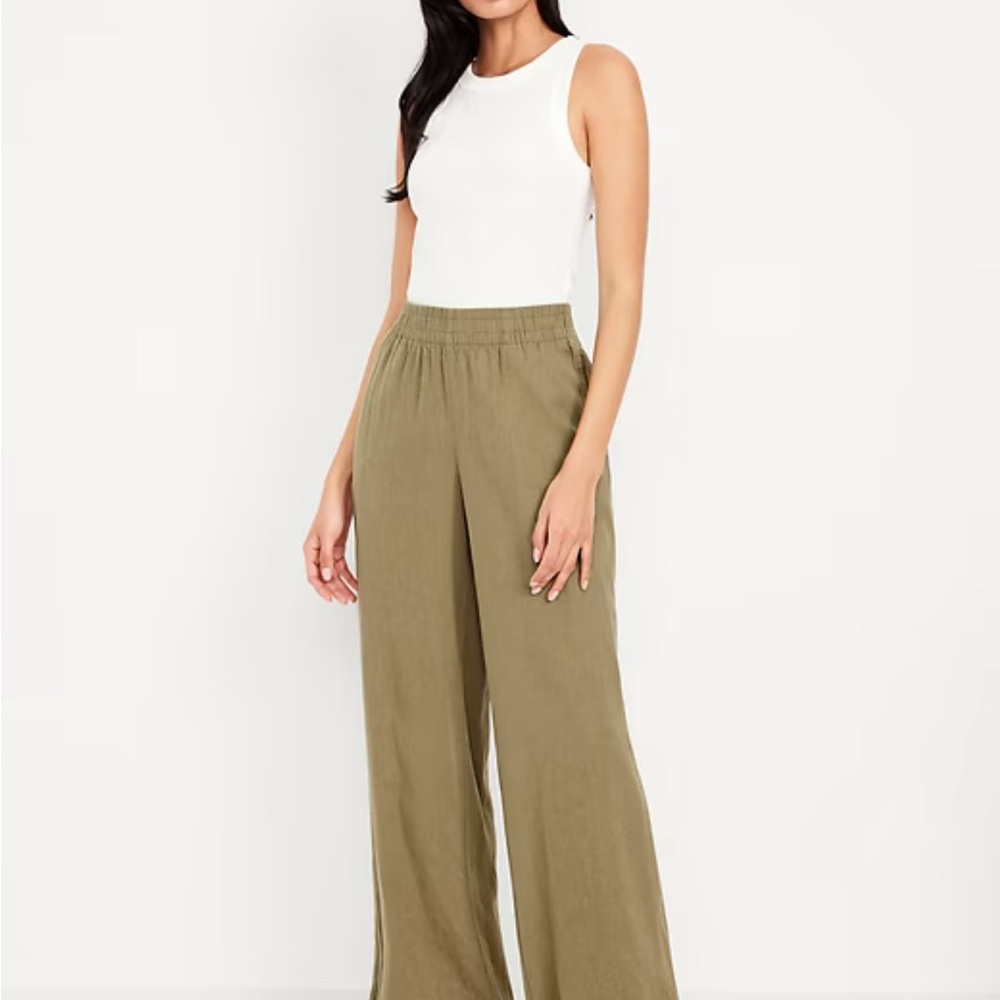 Women's Olive Green Linen Wide-Leg Pants